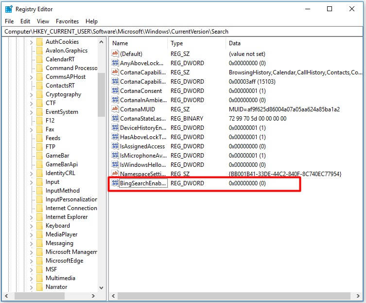 find the BingSearchEnabled DWORD file