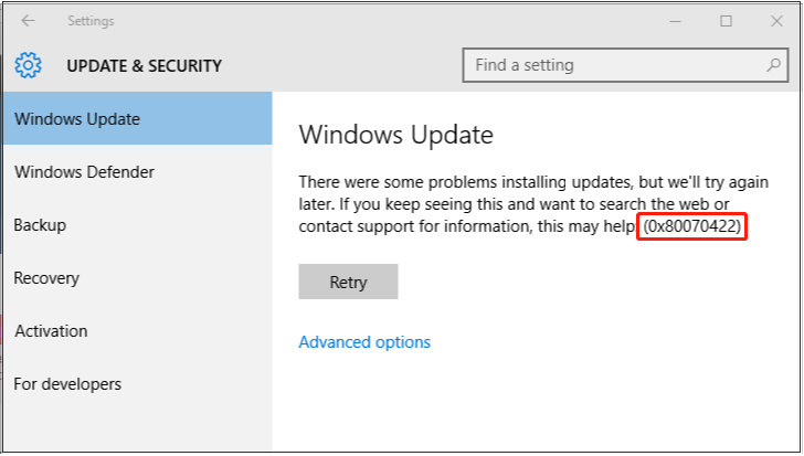 Windows 10 Update error 0x80070422