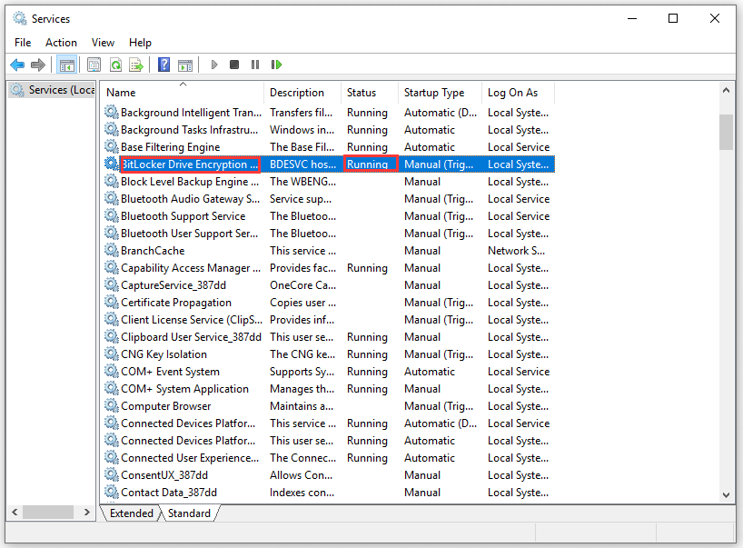 running the service BitLocker Drive Encryption