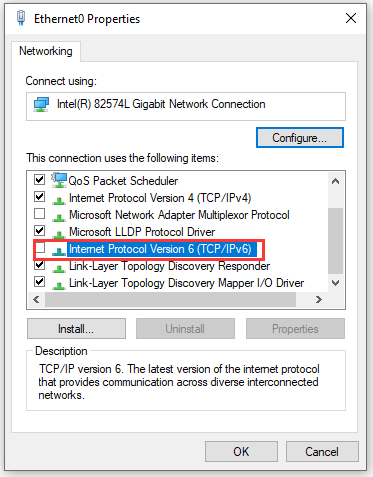 uncheck Internet Protocol Version 6