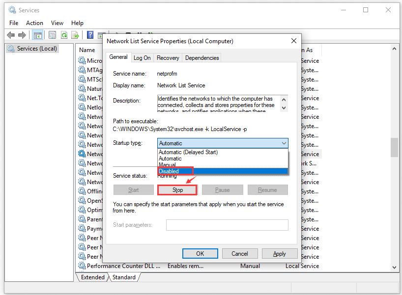 disable the service Network List Service