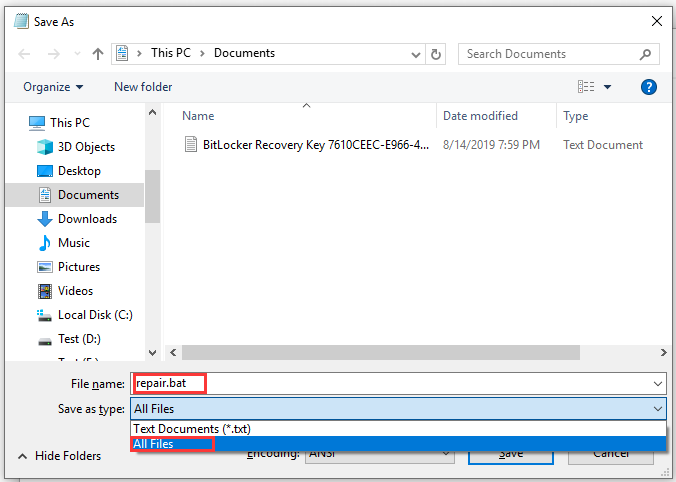 type repair.bat into the File name