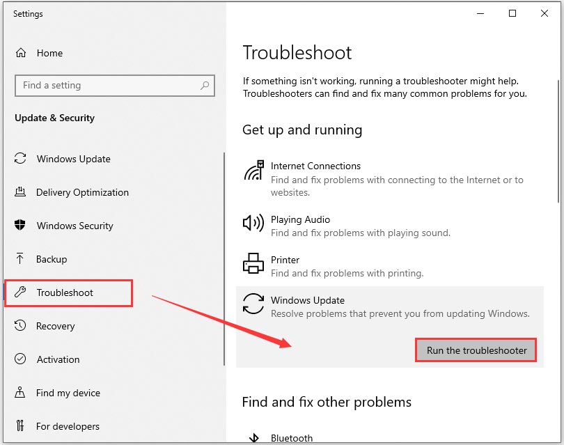 run the troubleshooter of Windows Update
