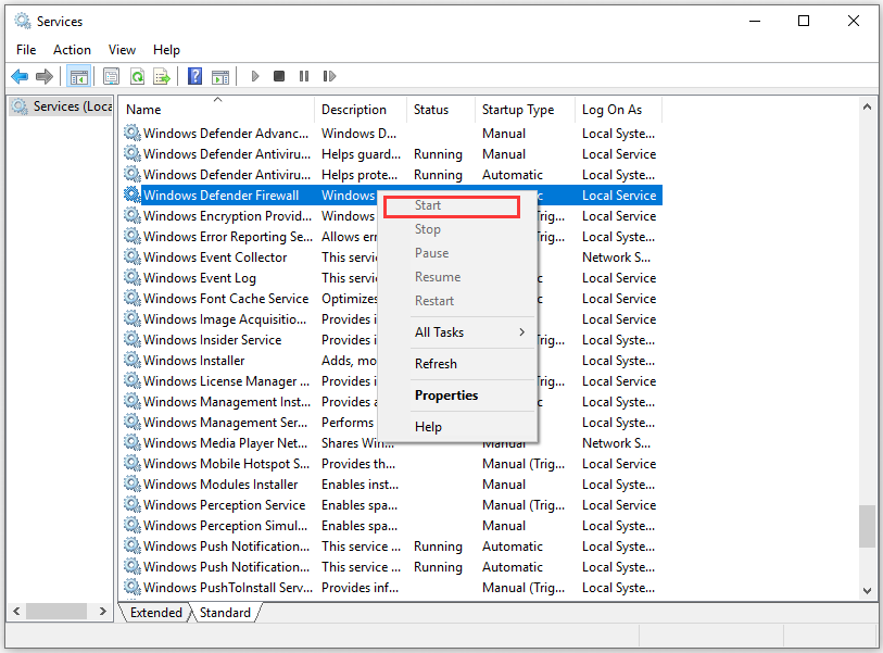 start the service Windows Defender firewall