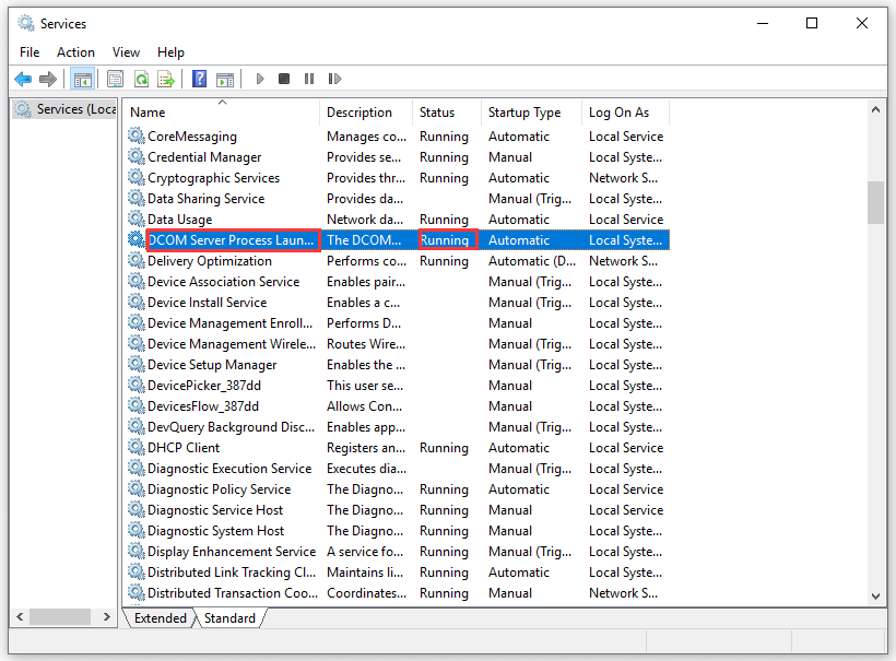 start the service DCOM Server Process Launcher