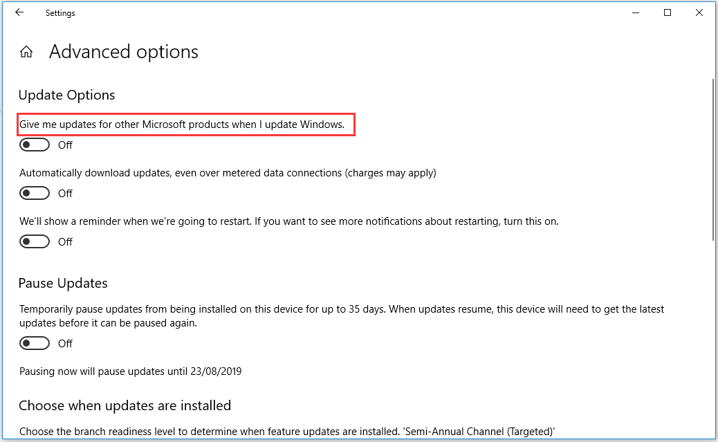 disable Give me updates for other Microsoft products when I update Windows