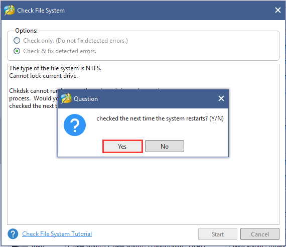 click Yes to repair system files during the restating process