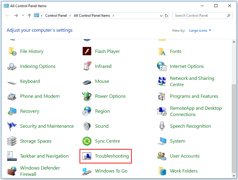 select Troubleshooting in all control panel items
