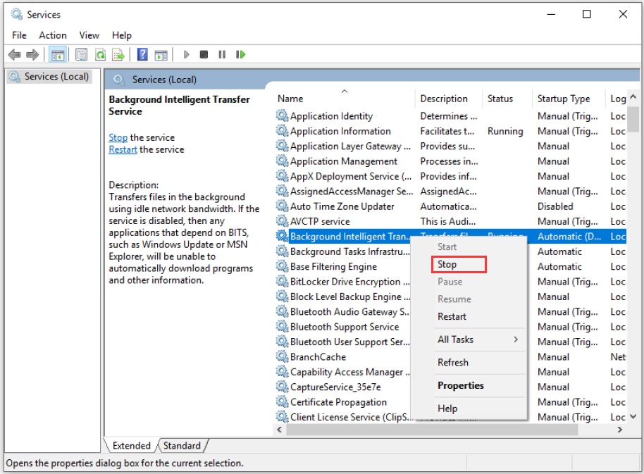 right click Background Intelligent Transfer Service and select Stop 