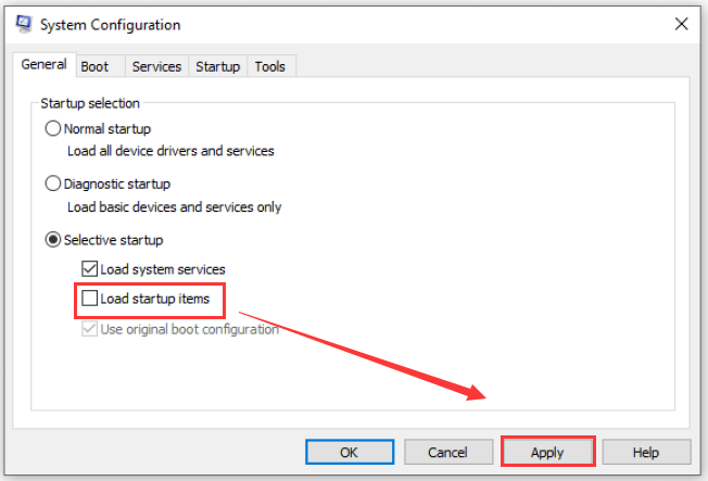 uncheck Load startup items