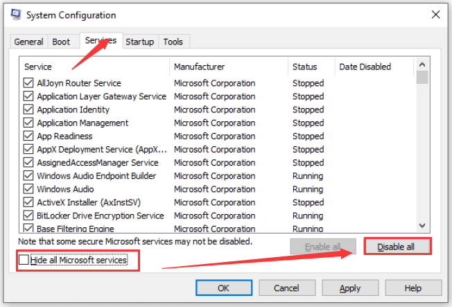 check Hide all Microsoft services box and click Disable all button