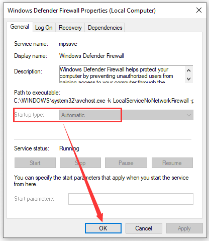 set startup type as Automatic