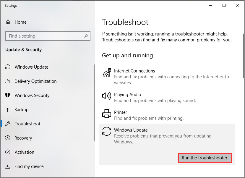 run the Windows update troubleshooter