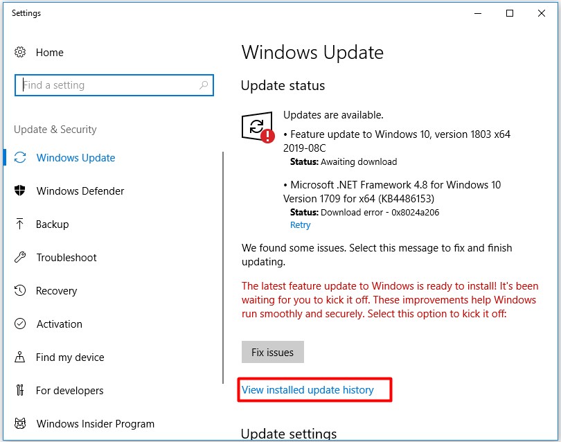 view installed update history