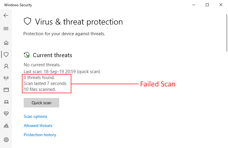 Windows Defender scanning fails after a few seconds