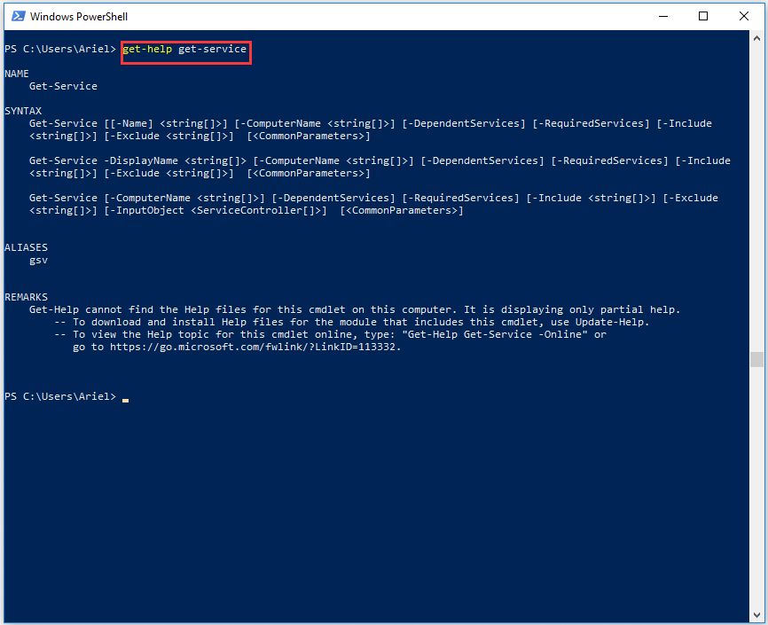get help on specific cmdlets