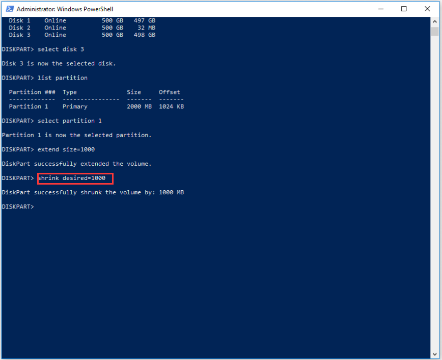 run shrink desired=* command