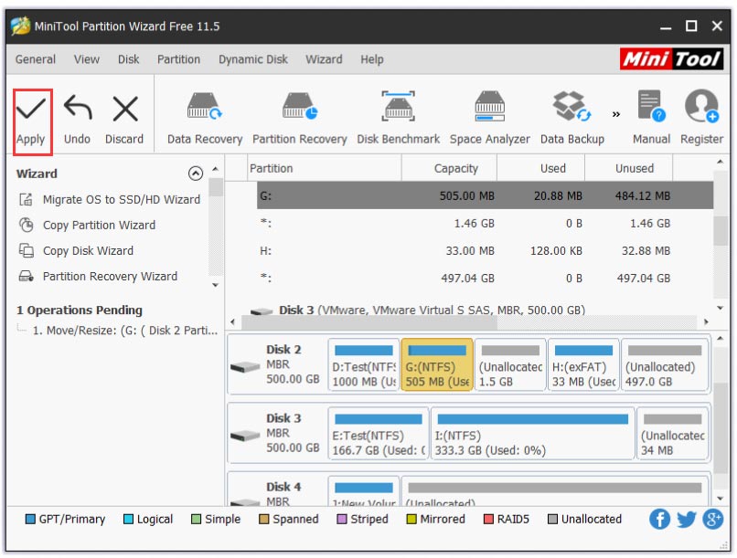 click Apply to resize the partition