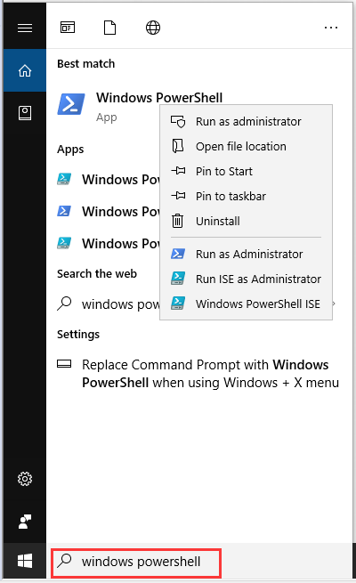 input Windows Powershell in the search box