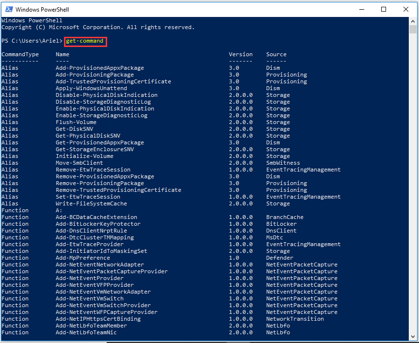type get-command and hit enter