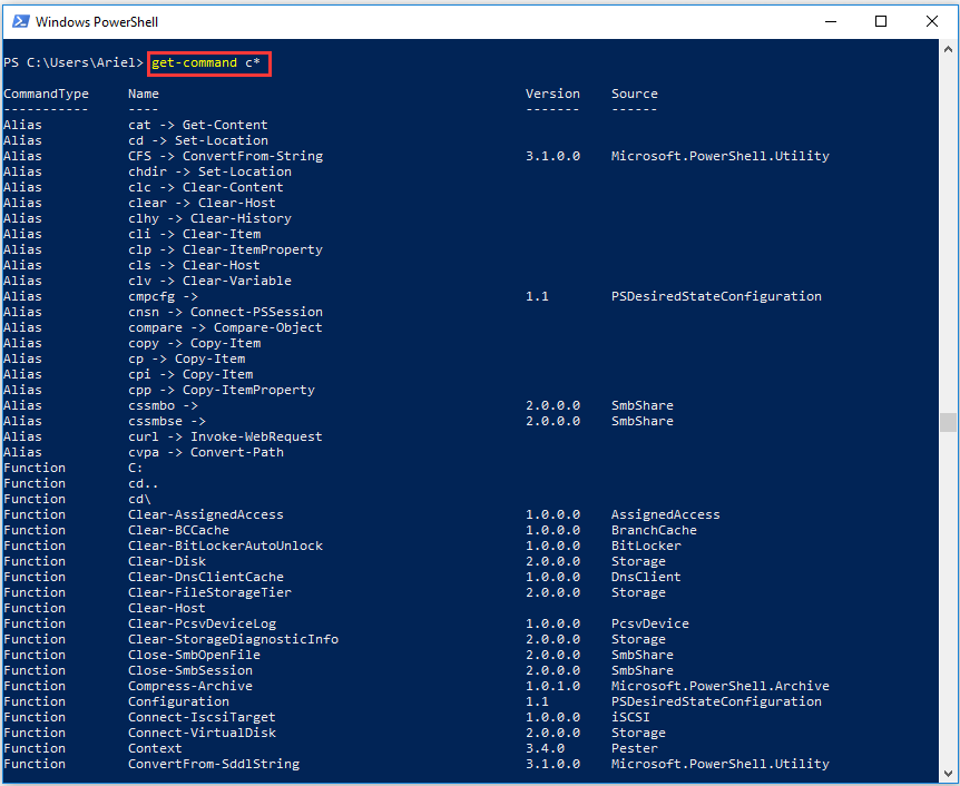all commands that begin with letter “c”