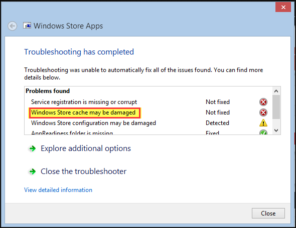 Windows store cache may be damaged