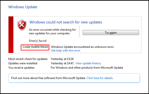Windows Update error 0x80070020
