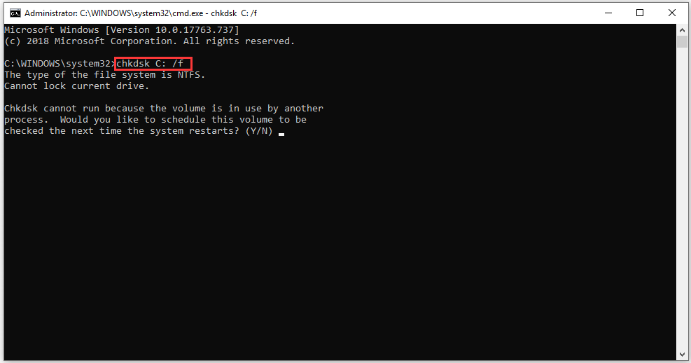 run chkdsk C: /f command