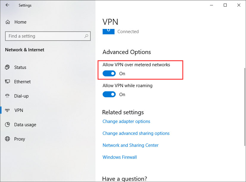 enable Allow VPN over metered networks
