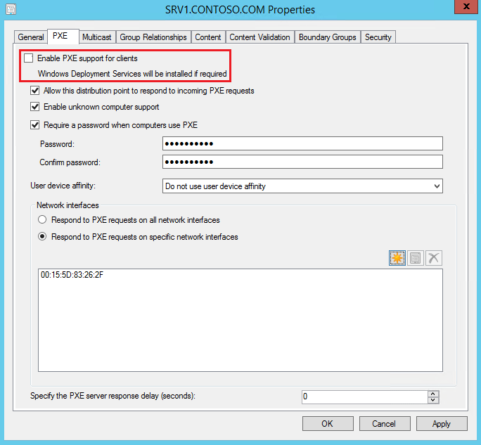 uncheck Enable PXE support for clients