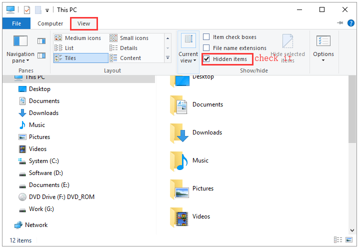 check the Hidden items option