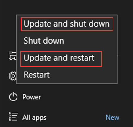 Update and shut down and Update and restart