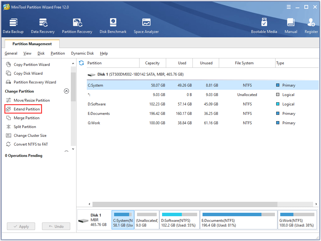 click the Extend Partition feature