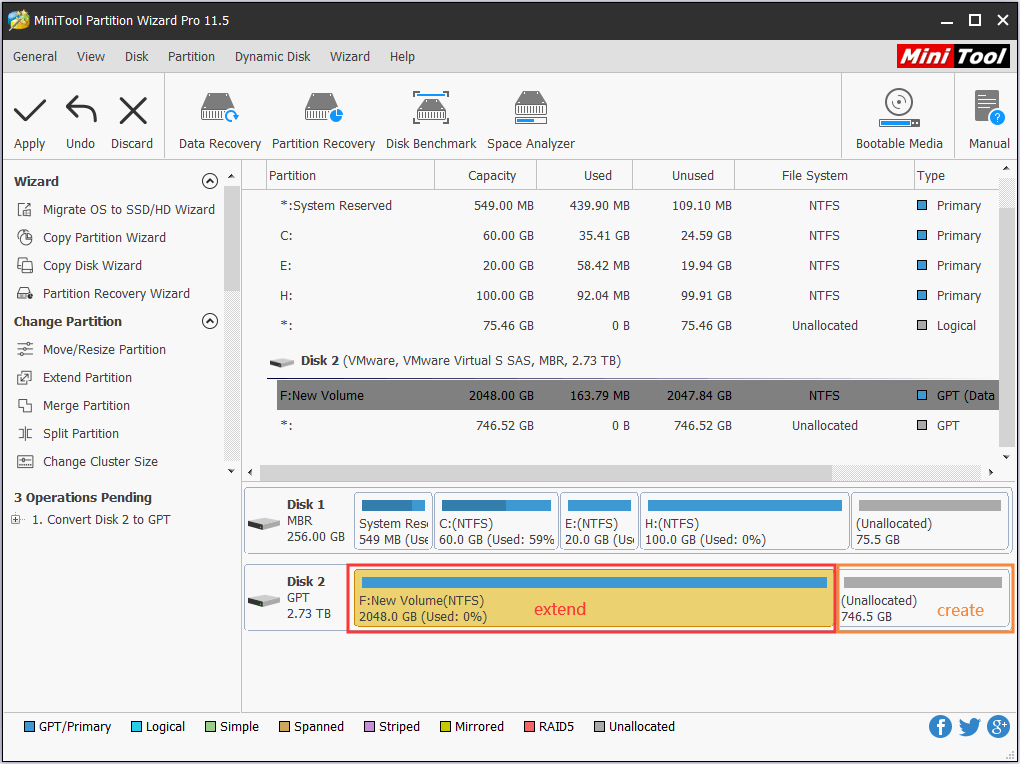 extend the 2TB partition or create new partition on the unallocated
