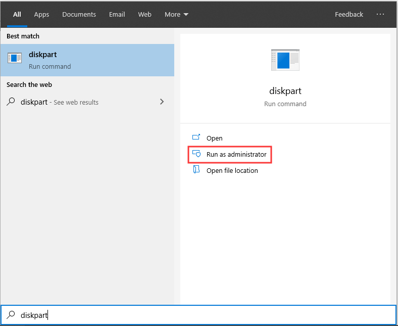 run diskpart as administrator