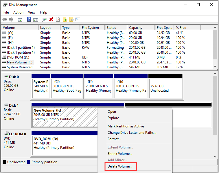 delete volume in Disk Management