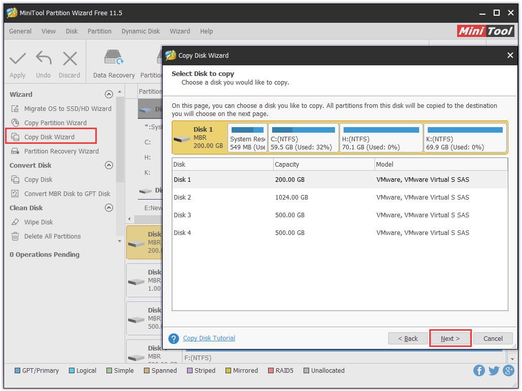 Select disk to copy