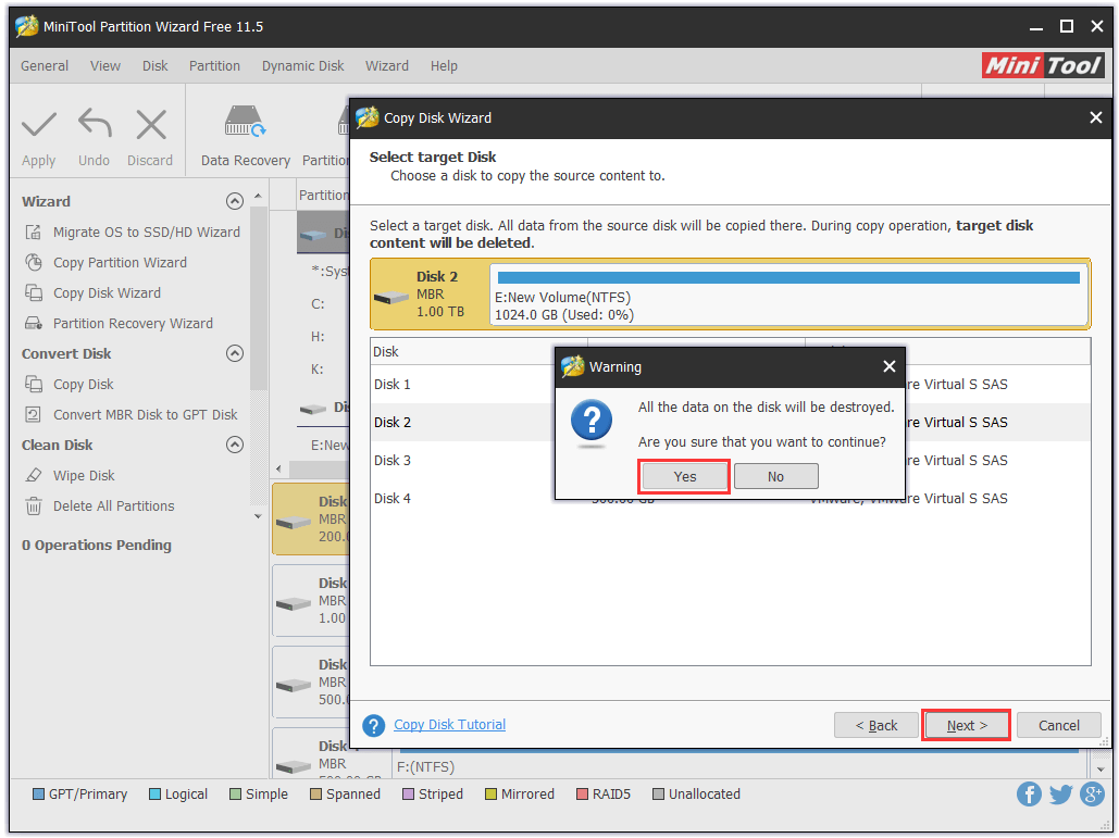 Select target disk to save the source content