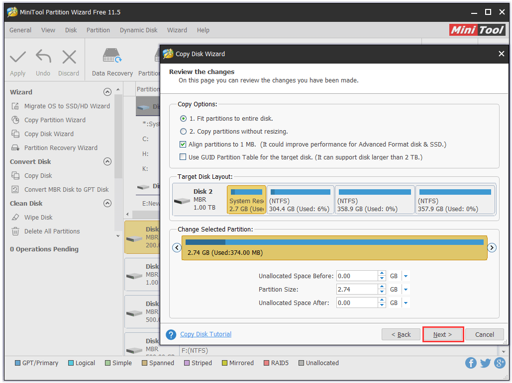 Configure copy partition