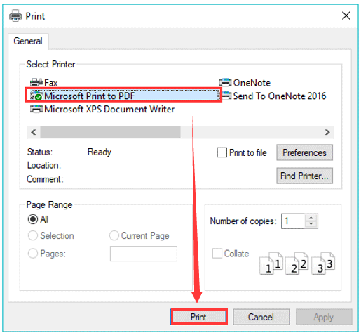 select Microsoft Print to PDF as the printer option
