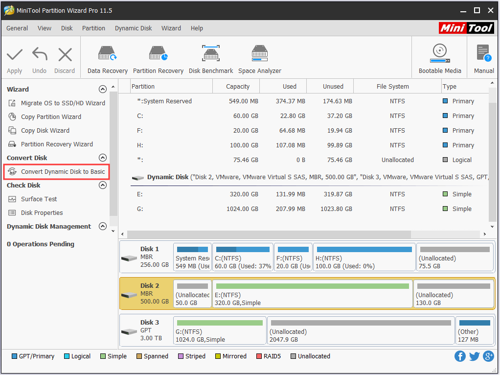 choose the dynamic disk to covert and select Convert Dynamic to Basic
