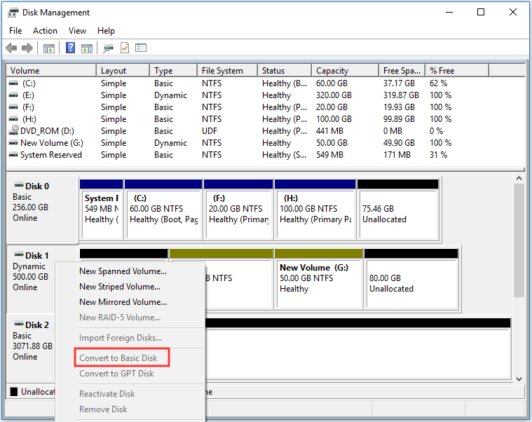 Convert to Basic Disk feature is invalid