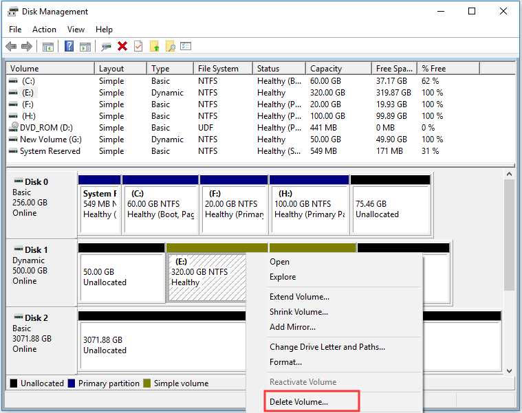 delete a dynamic volume