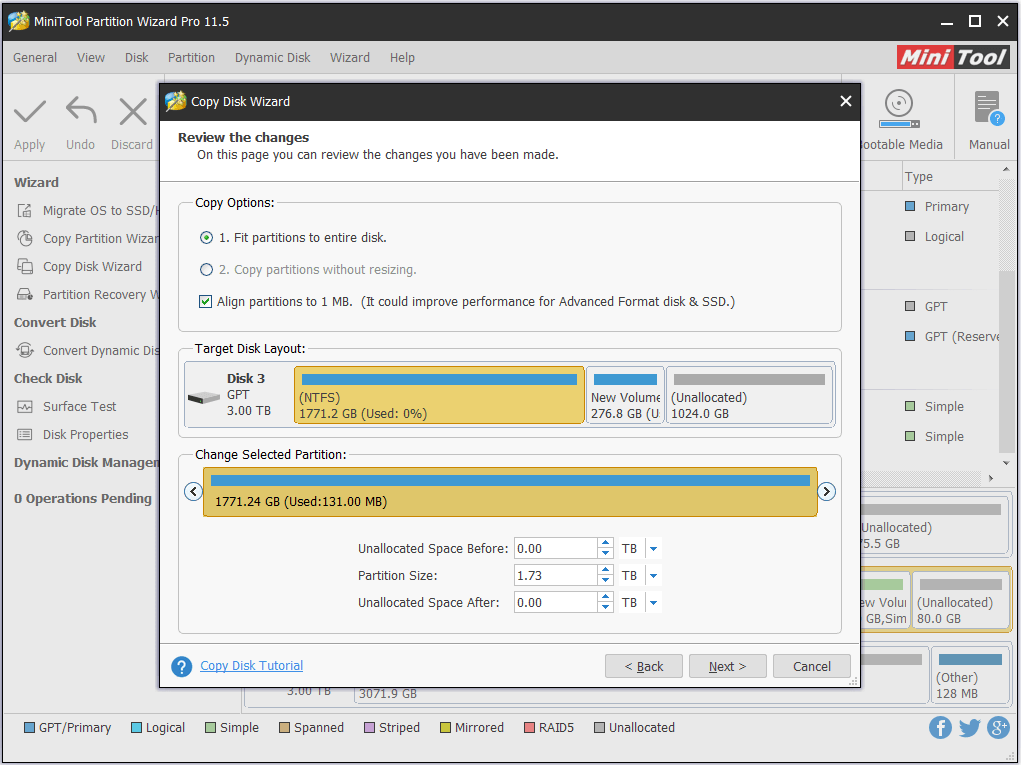 edit partitions on the target disk
