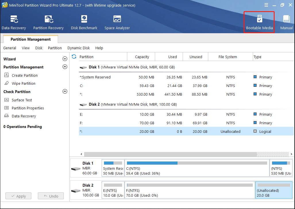 click Bootable Media in the toolbar