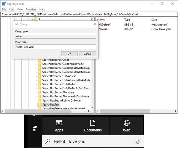 modify the display text of the Cortana search box