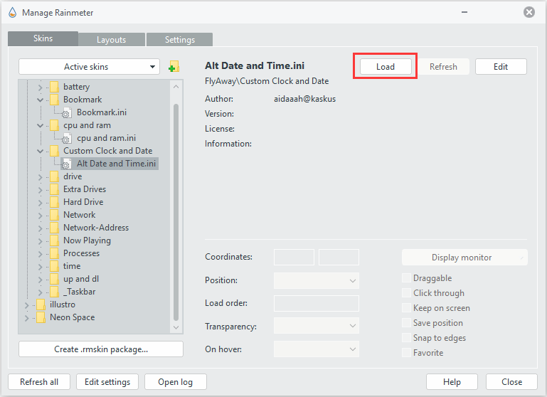 load ZIP or RAR Rainmeter skin file