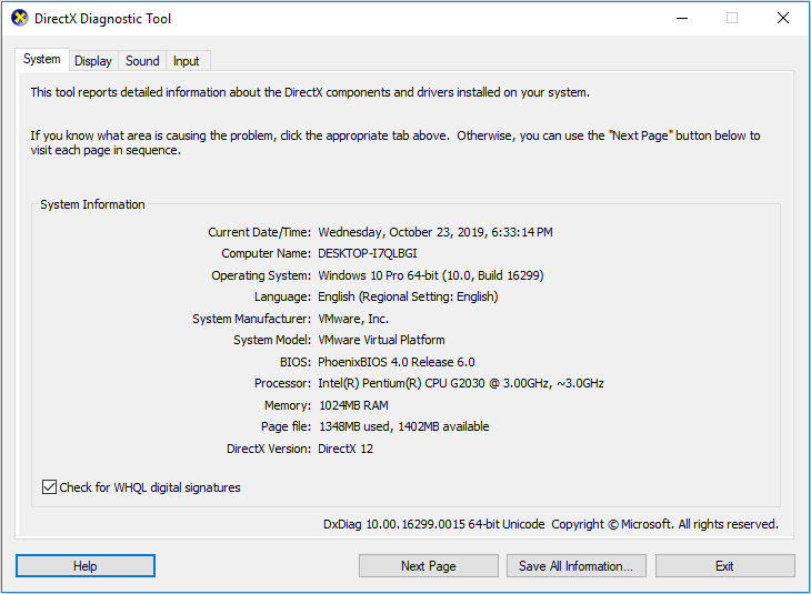 System tab of DirectX Diagnostic Tool