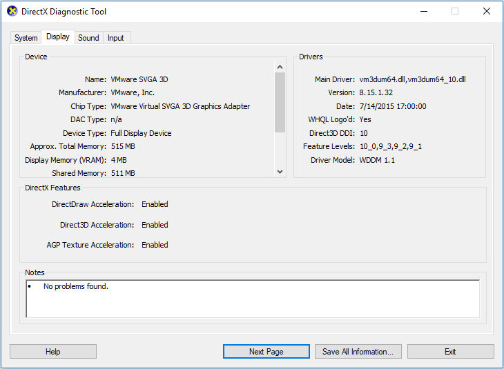 Display tab of DirectX Diagnostic Tool