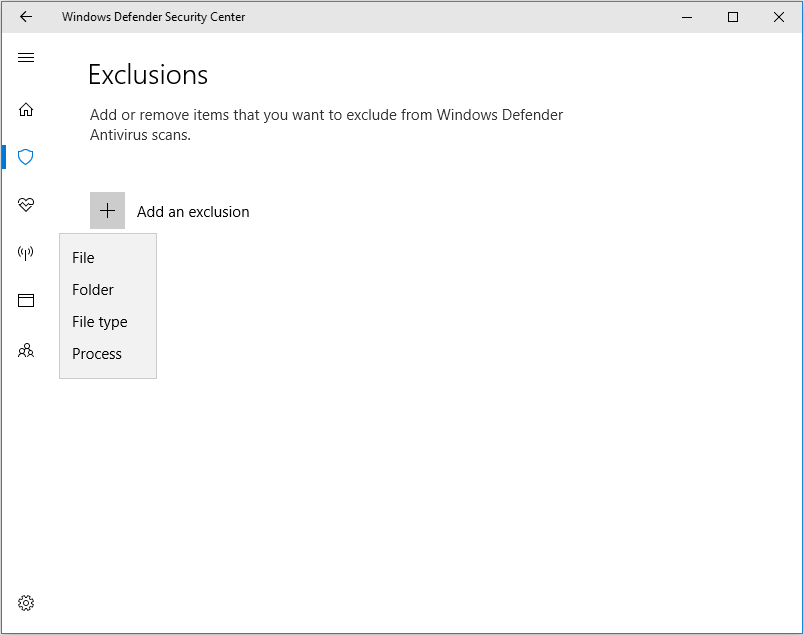 set exception in Windows Defender
